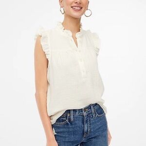 J. Crew Cream Gauze Smocked Ruffleneck Sleeveless Cotton Top Size XL